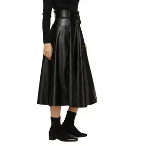 Женская плиссированная юбка из искусственной кожи, Длинная черная трапециевидная юбка с высокой талией, с ремнем, винно-красного цвета, Осень-зима 2021