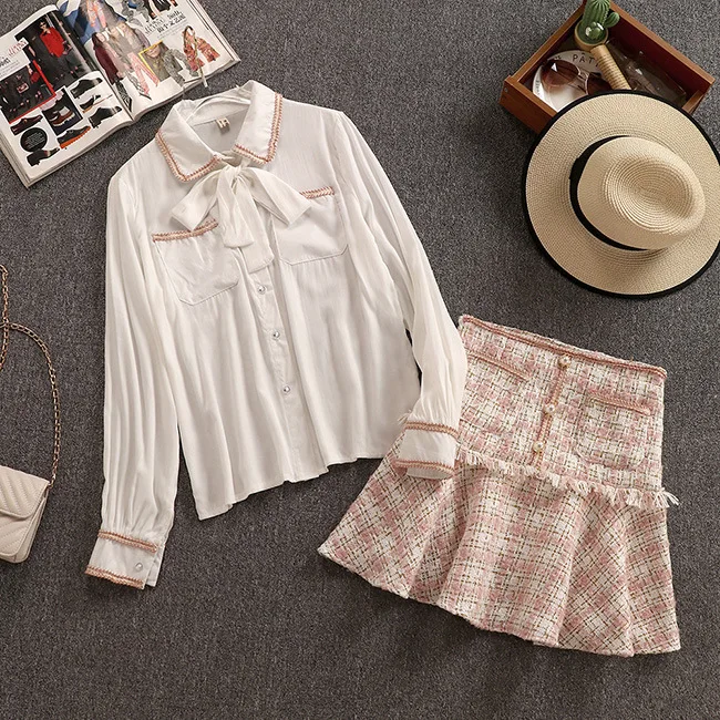 The new autumn dress of 2019 net red Western-style shirt tweed skirt and two-piece suit for Female Spring | Женская одежда