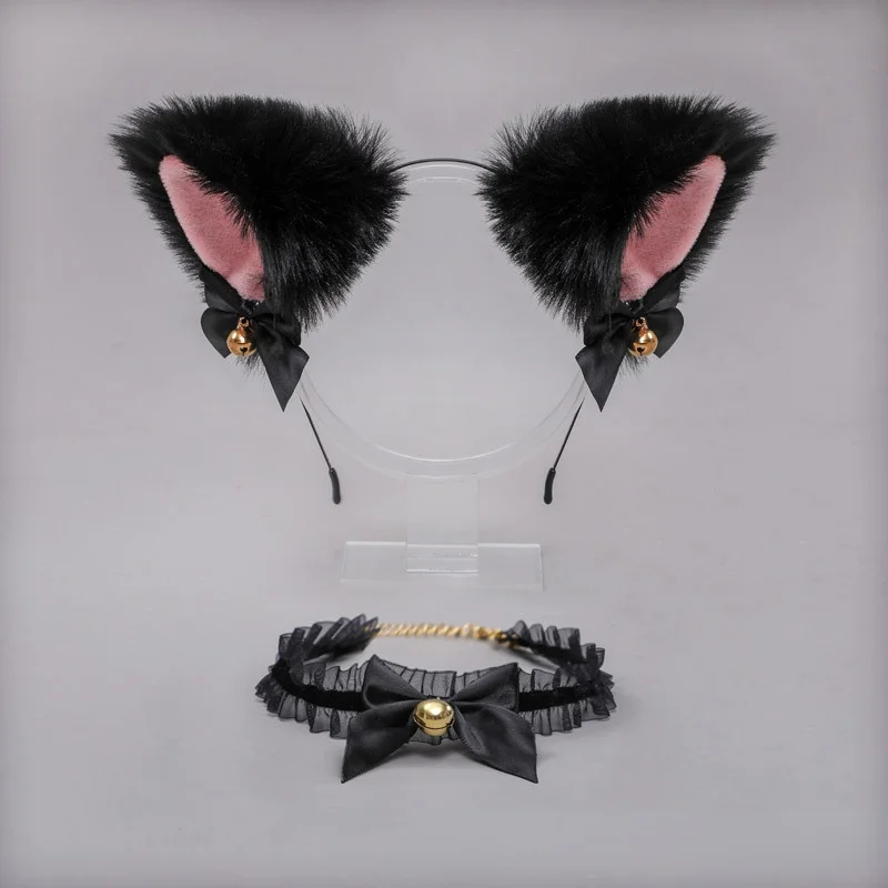 

Maid Lolita Accessories Fox Cat Ears Headband Lace Bow Bell Collar Animal Ear Headwear Anime Cosplay Costume Christmas