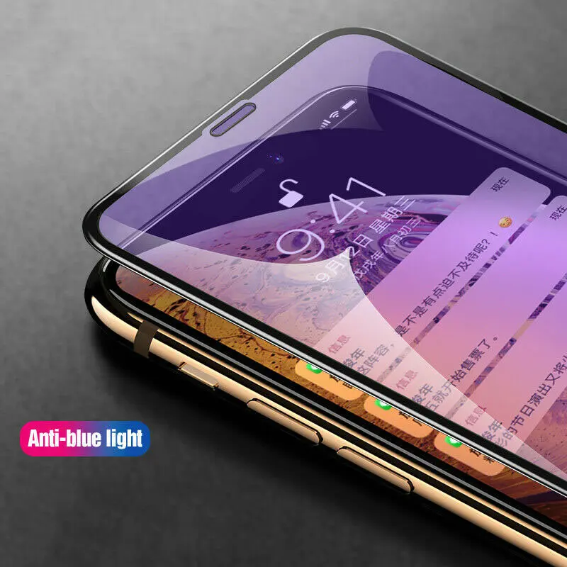 Anti Blue Light 10D Full Covered Tempered Glass Silk Screen Protector For iPhone 13 12 Pro Max 11 XR XS X 8 7 6s Plus 100pcs