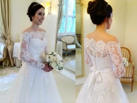 vestidos de noiva 2015 a line wedding dresses boat neck full sleeve button sweep train 2016 lace appliques bridal dress gowns