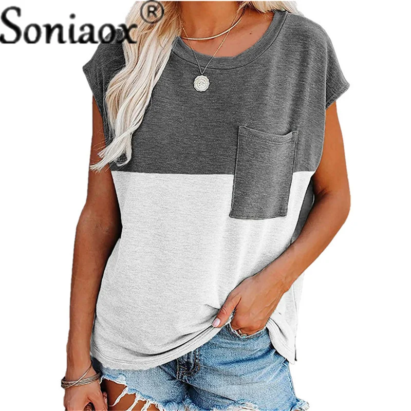 

Women Round Neck Pocket T-Shirt Ladies Elegant Leisure Tops Patchwork Color Short Sleeve Pullovers 2022 Spring Summer T Shirt