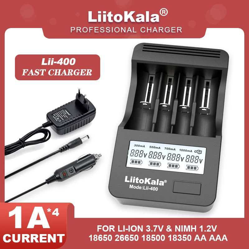 Liitokala Lii-400 LCD 3.7V/1.2V AA/AAA 18650/26650/16340/14500/10440/18500 Battery Charger with screen+12V 2A Adapter USB 5V1A |
