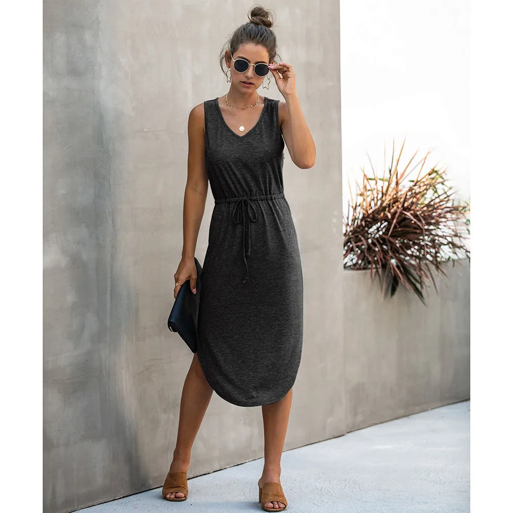

Casual Summer Dress Women Solid Color V Neck Sleeveless Bow Elegant Dresses Loose Slit Sexy Long Dress Vestidos Robe Femme