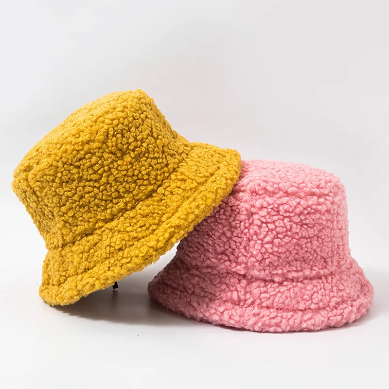 

Women Hat Solid Artificial Fur Warm Female Cap Faux Fur Winter Bucket Hat for Women Outdoor Sunscreen Sun Hat Panama Lady Cap