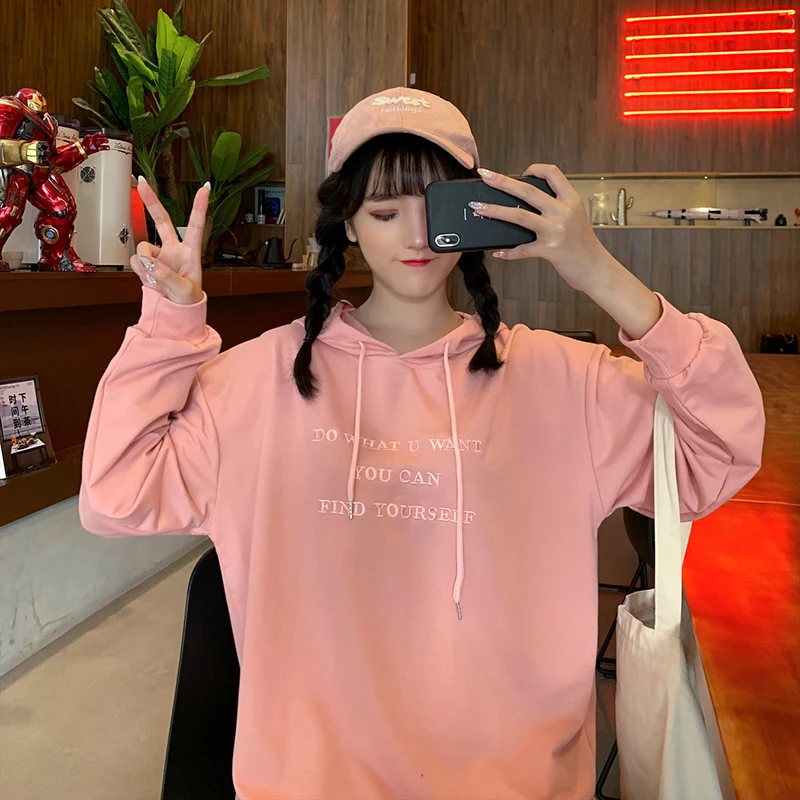 

Hoodies Women Harajuku Ulzzang Spring Autumn Korean Style Loose Female Student Embroidered Thin Letter Printed Womens Clothing