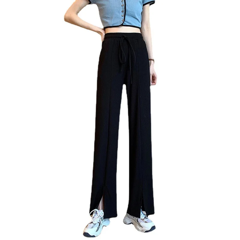 

Large size split wide-leg pants women's trousers high waist thin long legs summer thin straight-leg pants Office casual trousers