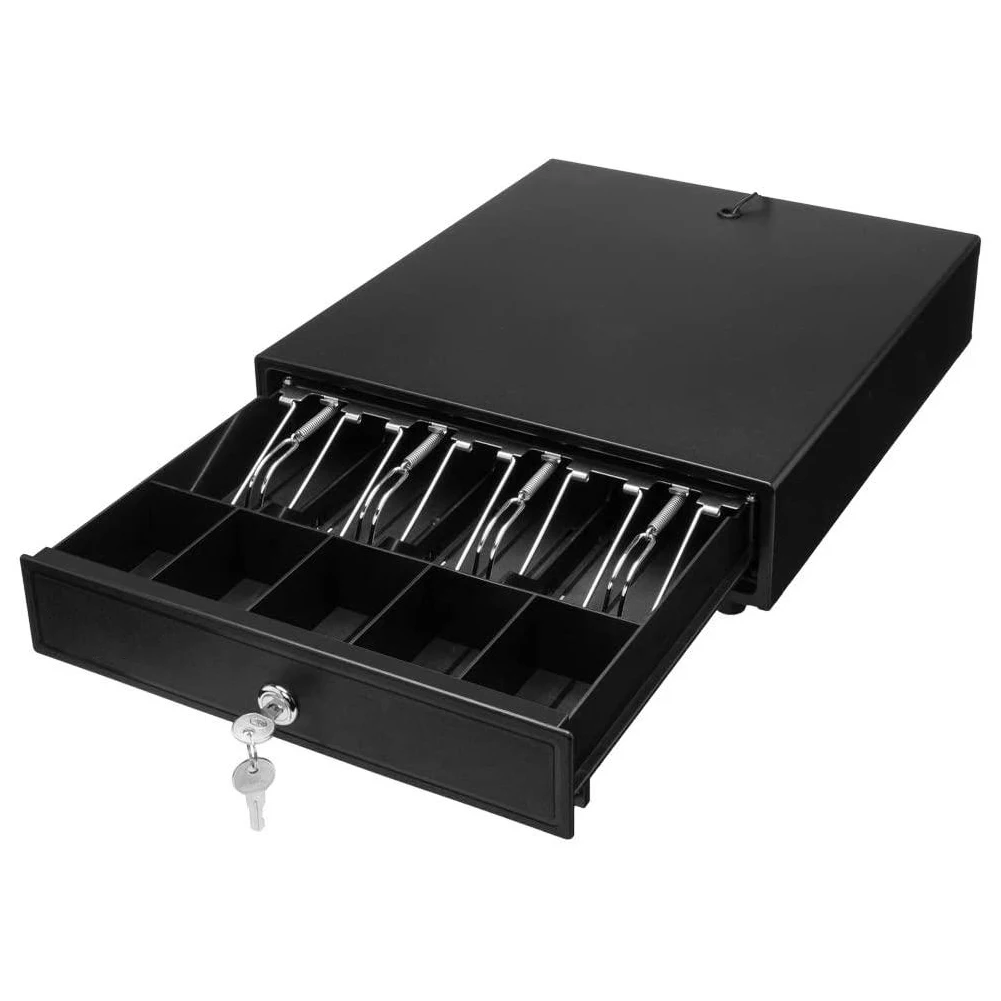 

Manual Cash Register Drawer 4 Bill 5 Coin Tray 3 Position Key Lock Money Storage Box LAS-335 Steel Cash Register Box Black