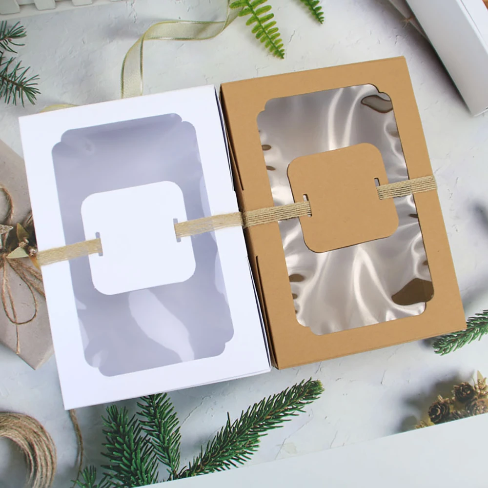 

12PCS Kraft Paper Gift Packaging Box with Rope PVC Window Cookies Biscuit Candy Gift Boxes Weddding New Year Party Decoration