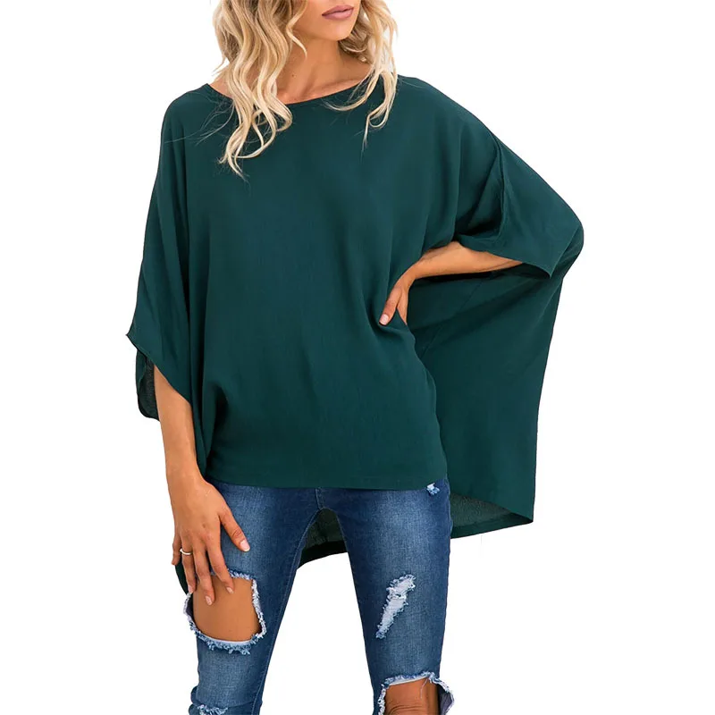 

2021 Summer Fashion New Top Women's Round Neck Irregular Bat Sleeve Solid Color T-shirt Female Casual Version Personality Tees