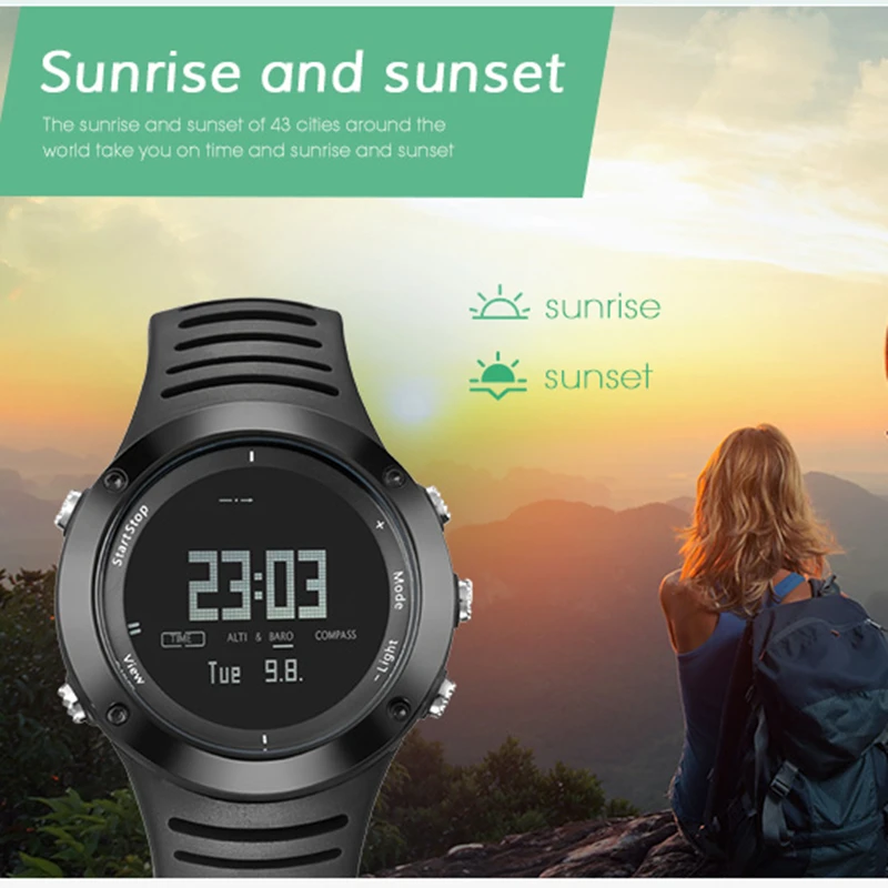 

Новинка 2020, уличные спортивные часы, Время восхода и заката (43 города), компас, высота, температура, давление воздуха