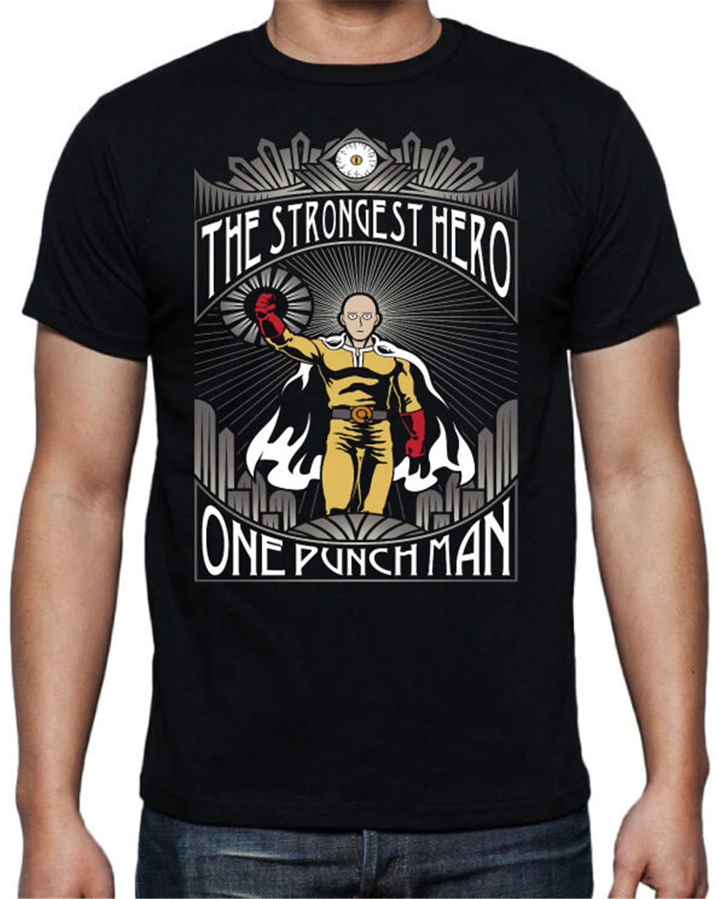 One Punch Man Saitama самый сильный герой японское аниме манга Мужская черная футболка