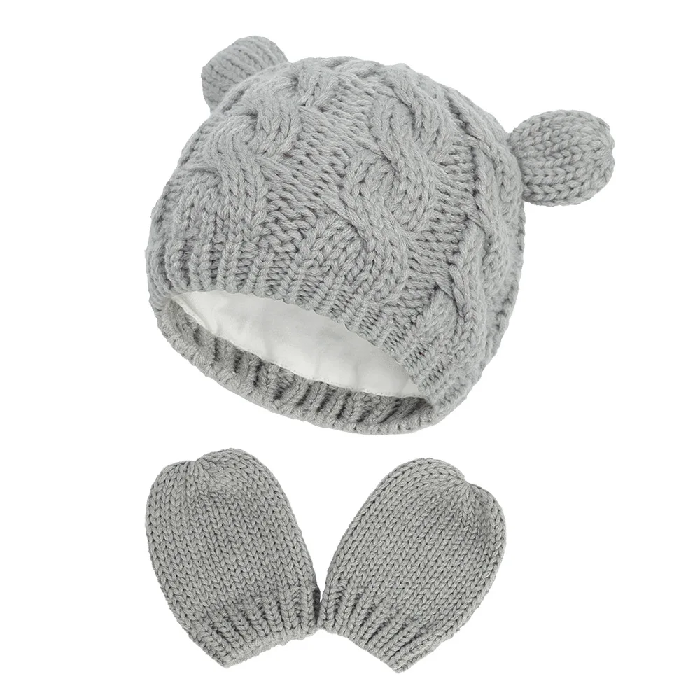 

New Baby Kids Girls Boys Winter Warm Knit Hat Ear Solid Warm Cute Glove 2pcs Lovely Beanie Cap 0-18M