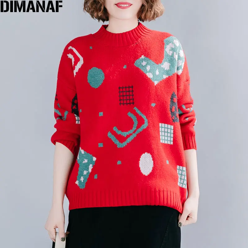 

Женский трикотажный пуловер DIMANAF, свободный свитер с красным принтом, вязаный пуловер лоскутного покроя с круглым вырезом, Зимний пуловер, ...