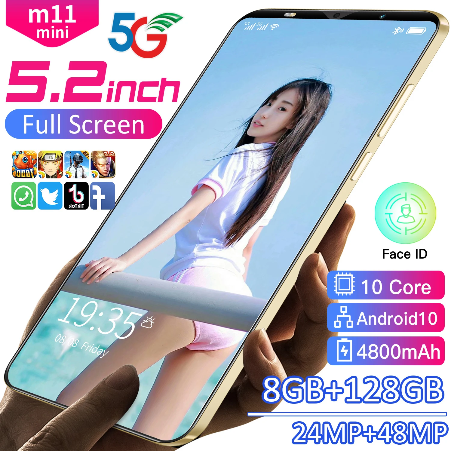 

New M11mini 5.2 Inch 2230*1280 Deca Core 24+48MP Smart Phone MTK6898 Fingerprint Face Unlock 8GB+128GB Mini Cell Phone Celular