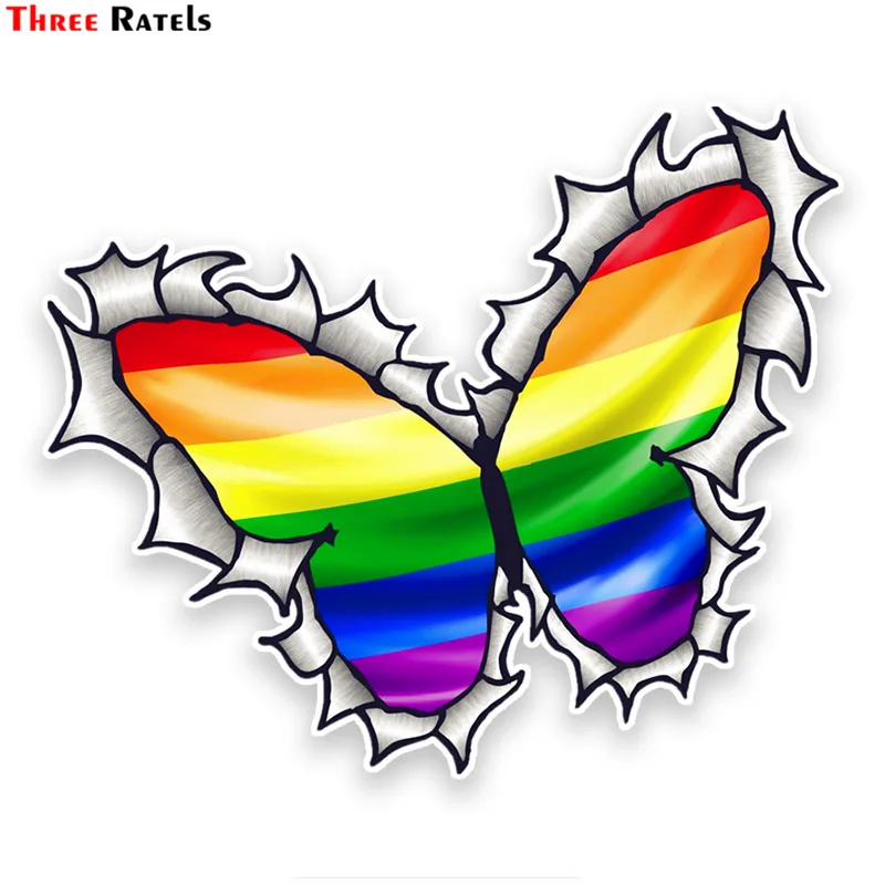 

Three Ratels FTC-789# 13X15.4CM Ripped Torn Metal Butterfly Design With Gay Pride LGBT Rainbow Flag External Vinyl Car Sticker
