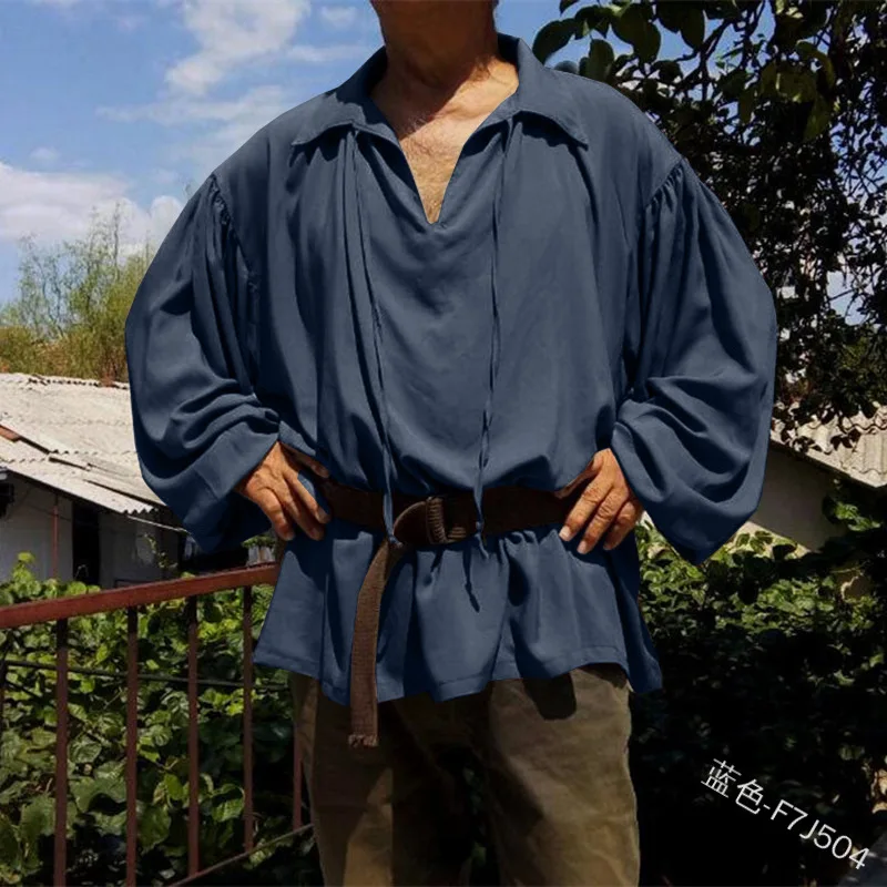 

Medieval Men Tunic Viking Pirate Costume Gothic Shirts Grooms Vintage Top Ruffle Sleeve Neckline Drawstring Knight Cosplay Fancy