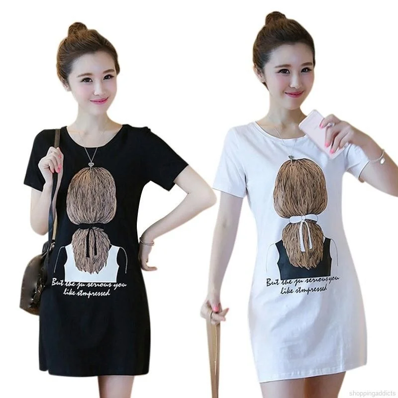 

Women's Summer Letter Print Mini Dress o Neck Short Sleeve Long Shirts Dress