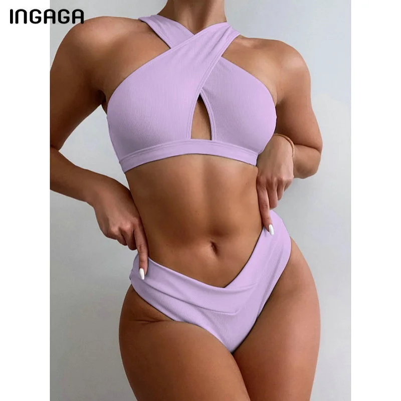 

Ingaga Sexy Bikini Ribbed Women's Swimsuit Criss Cross Swimwear Women Biquini Solid Brazilian Bikinis Set Push Up Bathing Suits