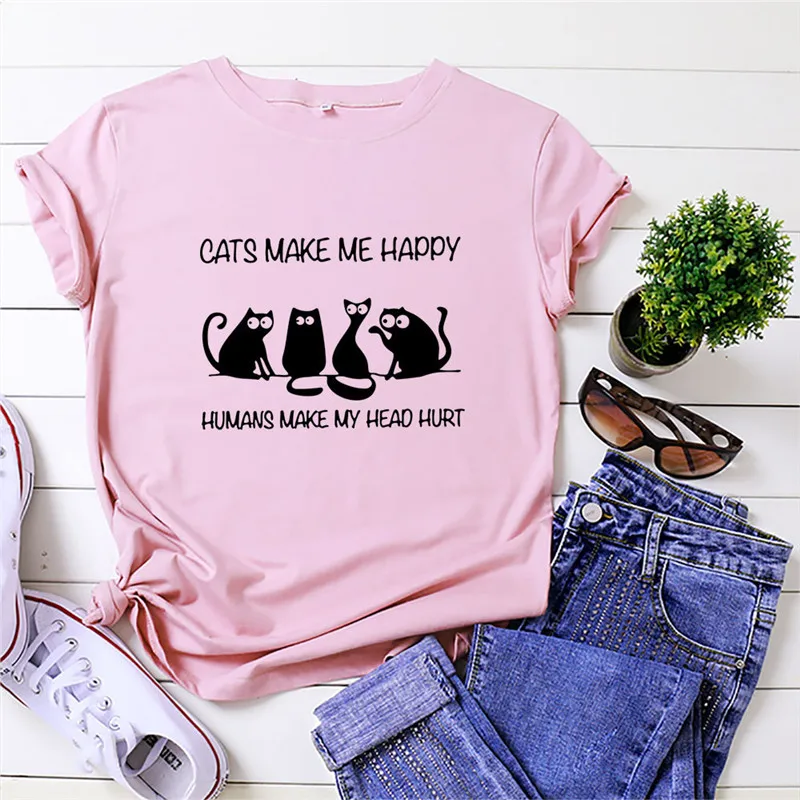 

Summer Women T-shirt Cotton Plus Size Cats Make Me Happy Print Short Sleeve T Shirts Cute Graphic Tee Casual Female O-neck Tops