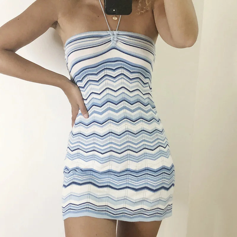 

One Line Collar And Neck Knitted Bodycon Dress 2021 Summer New Sleeveless Waist Back And Base Striped Wrap Buttock Midi Dress