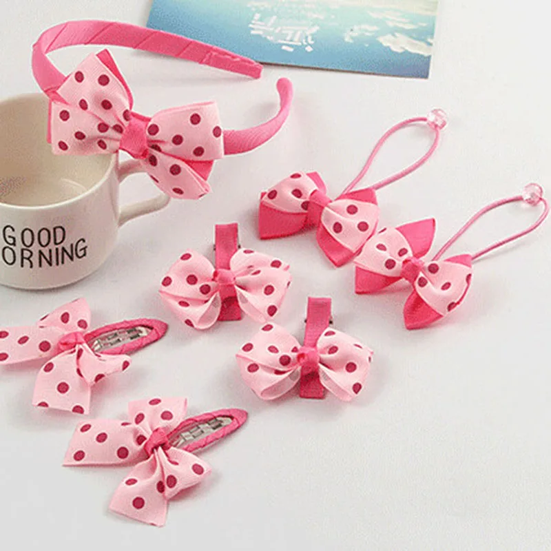 

7pcs/Set Headwear Set Children Accessories Printing Dot Bow Headband Hair clip Gum for Hair Hairband for Girls Headdress