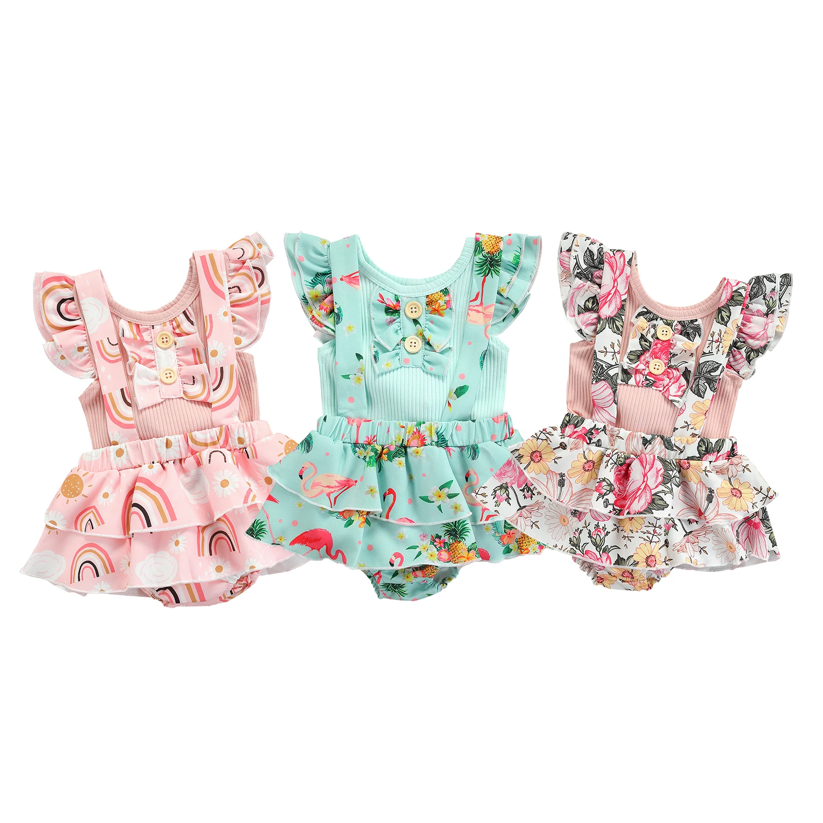 

Комплект летней одежды для девочек 0-18 месяцев, Футболка с рукавами с оборками и цветочным принтом радуги, шорты на подтяжках, комплект из 2 п...