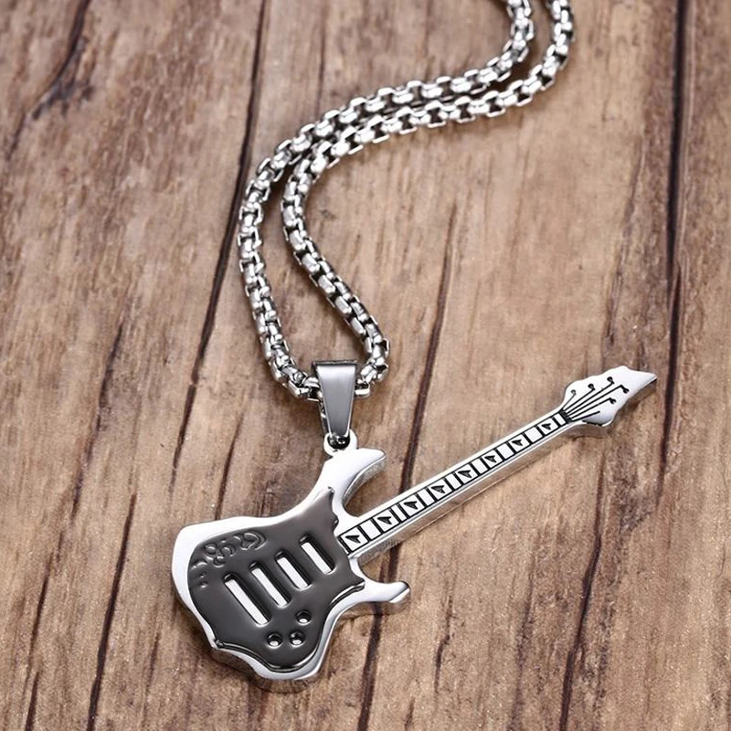 

Cool Men Boys Black Electric Guitar Pendant Necklace Stainless Steel Mens Hiphop Rock Jewelry For Clothing Accessories
