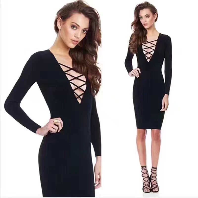Модное сексуальное женское вечернее платье черного цвета облегающее с v образным
