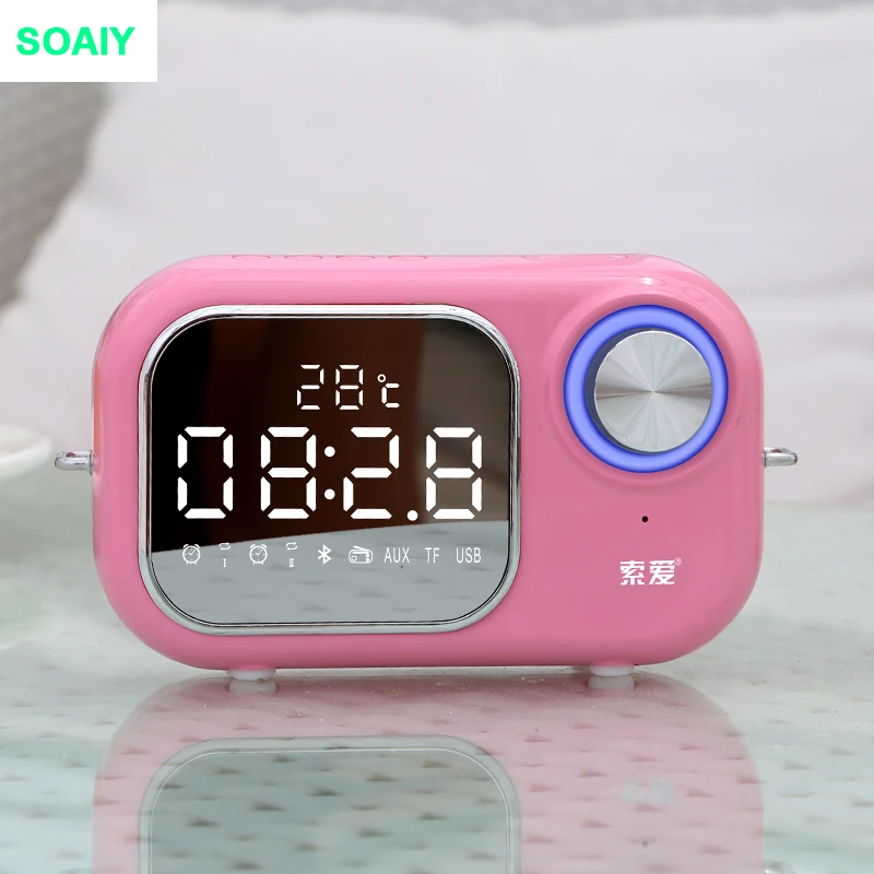 SOAIY E16 беспроводной Bluetooth динамик супер бас открытый мини-будильник небольшой динамик fm-радио температурный дисплей карта динамик - Цвет: Розовый