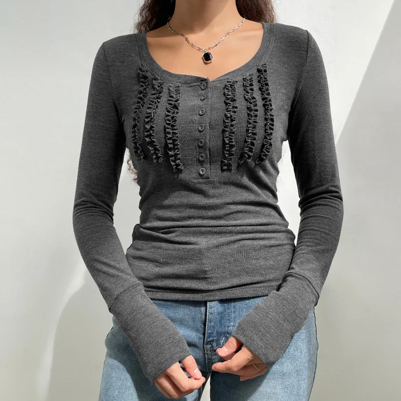 

Осенние женские винтажные футболки с рюшами и длинным рукавом, Fairycore Y2K, гранж, вязаная одежда, милые ретро милые эстетичные пуловеры, топы