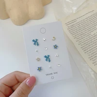 delicate blue flower bow earrings stud set for women temperament niche design earrings small simple earrings cute party jewelry