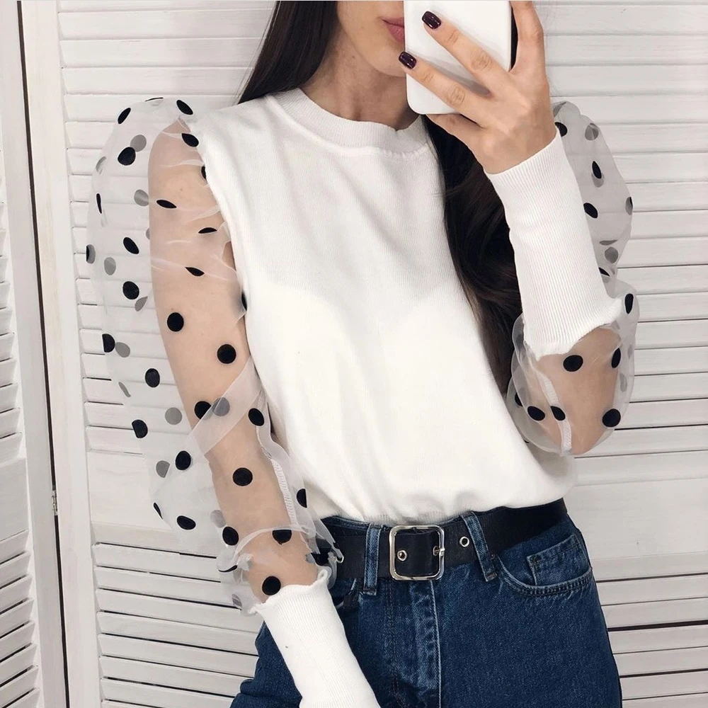 Женская сетчатая прозрачная блузка новинка 2020 элегантные облегающие Топы в