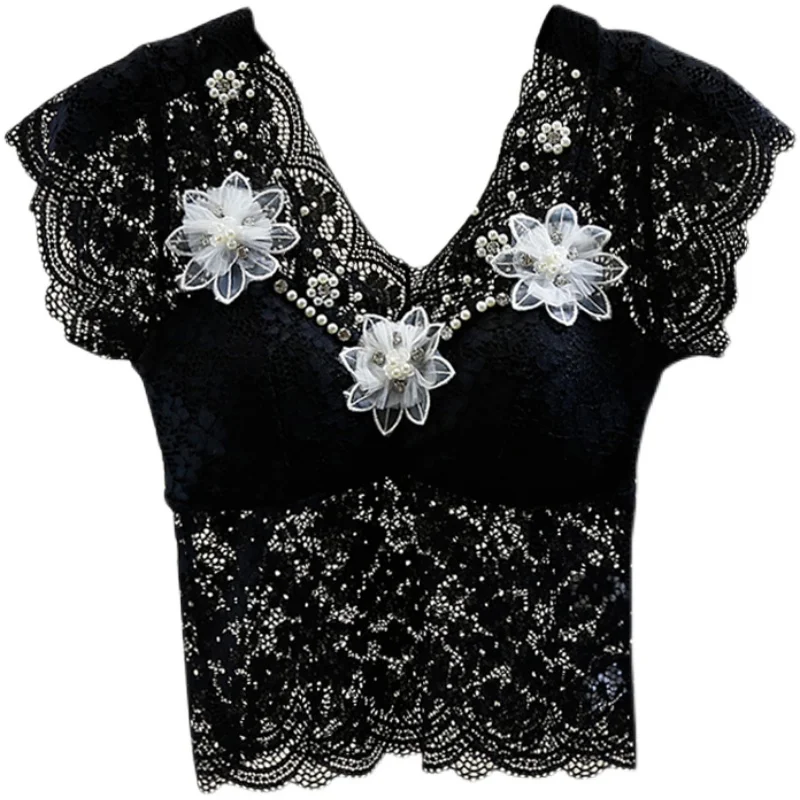 

2021 Summer Clothing Girls Lady Sleeveless Tops Beads Diamond Blouse Women Shirts Flower V-neck Crocheted Hollow Lace Sexy Shirt