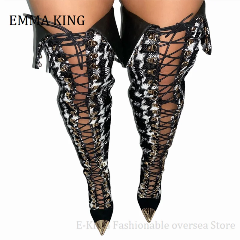 

2021 Women Cross Tied Gladiator Boots Elegant Cloth Fabric Zip High Heel Over the Knee Boots Lace Up Stiletto Heels Womens Shoes