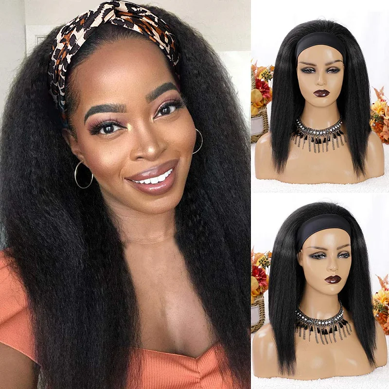 

Kinky Straight Human Hair Wigs In Stock Brazilian Headband Machine Made Wig Pre Plucked 180 Density Remy Natural Hair For Women