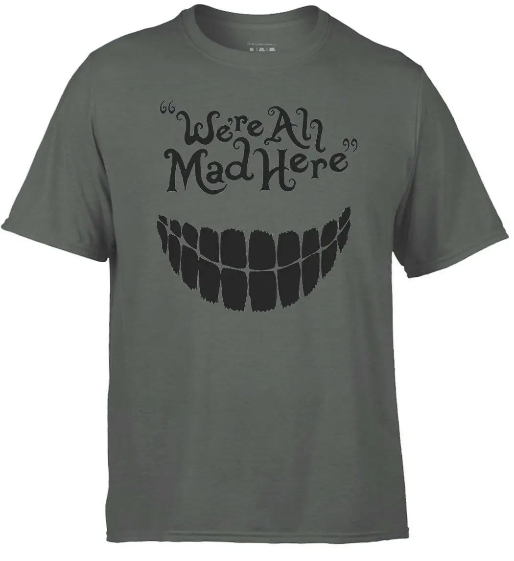 Мы все злимся здесь футболкой мужской серый уголь. Алиса в стране чудес Чеширский