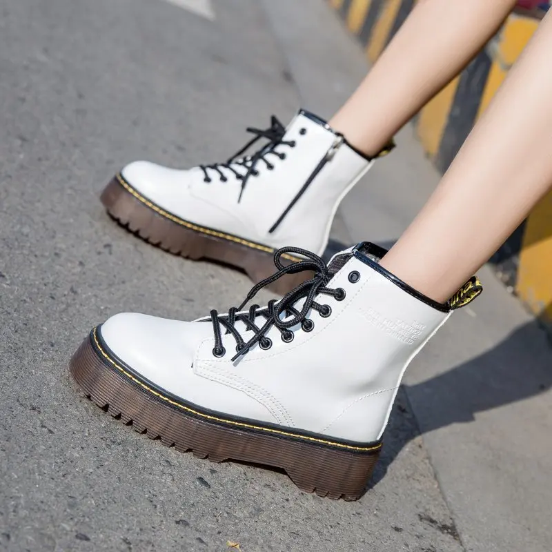 

WOHDHE Women Ankle Boots Designers Motorcycle Ankle Boot Platform Boots Rubber Sole Lace Up Flat High Heels Autumn Shoes Mujer