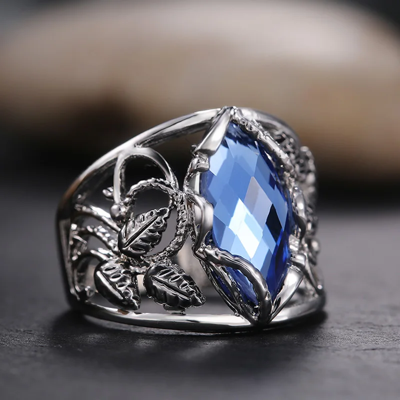 

JK Fashion Wide Women Ring for Party Daily Wearable Jewelry Noble Rhombus Cut Blue Horse Eye Drill Stone Hollow Leaf Rings