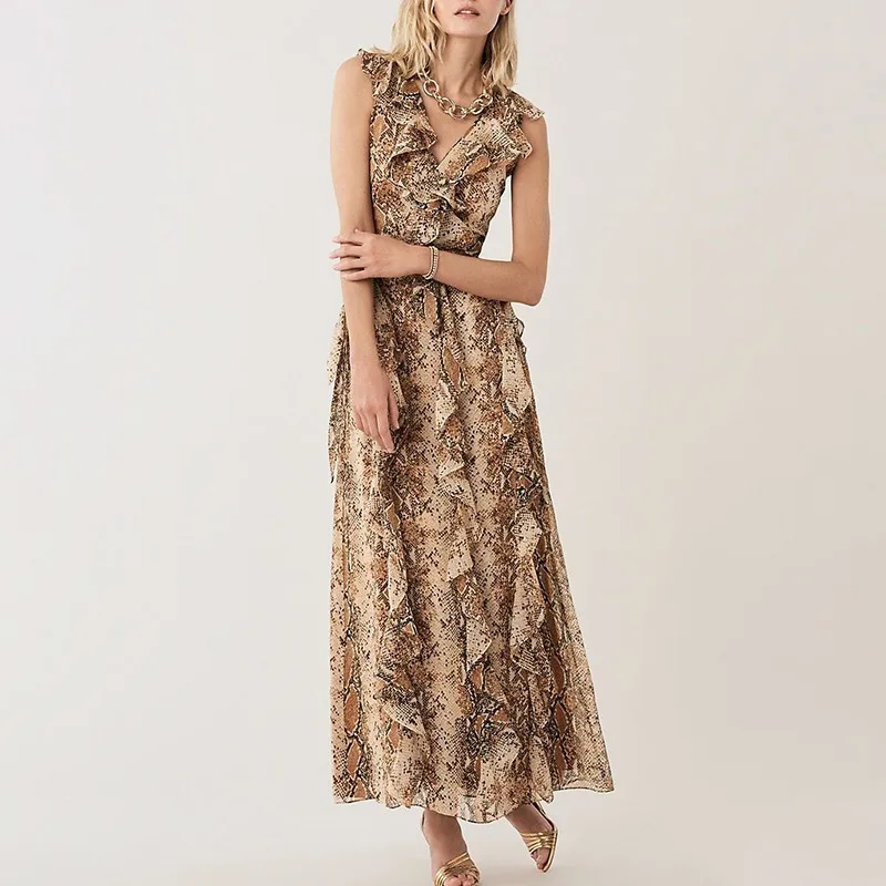 TWOTWINSTYLE Snake Print Sleeveless Women Dress V Neck Off Shoulder Ruffles High Waist Ankle Length Dresses Female Summer 2020 | Женская