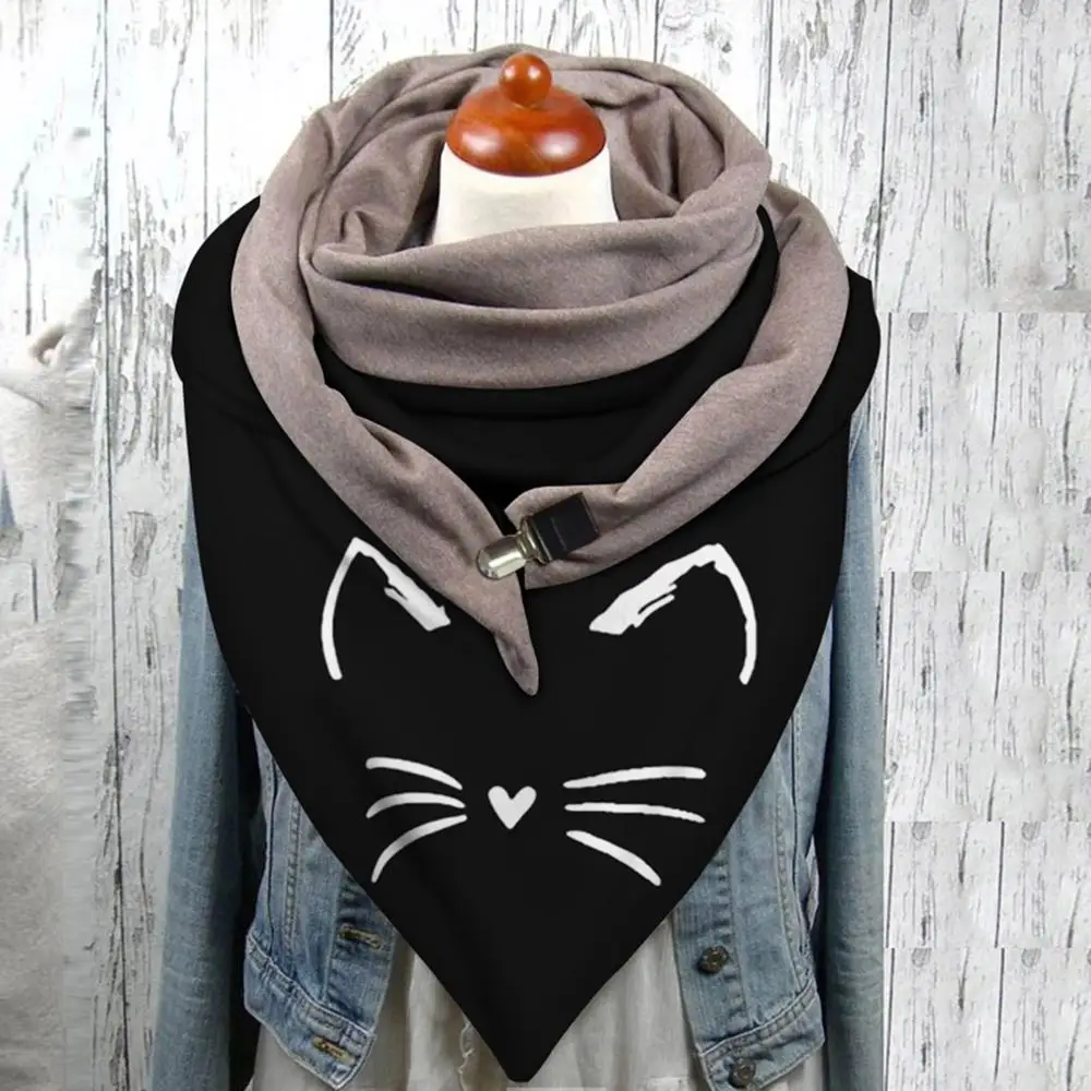 

Women Cute Cat Print Scarf Hijabs 2020 Lady Fashion Retro Female Multi-purpose Shawl Button Scarf Wraps Foulard Femme Bufand #1