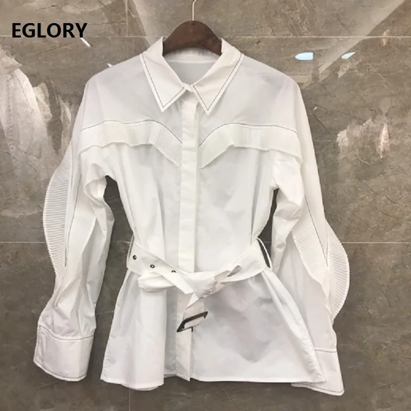 

High Quality Designer Blouses 2020 Spring Summer Shirts Women Turn-down Collar Ruffle Patchwork Long Sleeve White Black Shirts