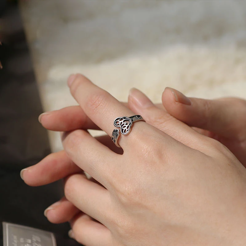 

New Style 925 Sterling Silver Ring Men And Women Retro Chinese Style Wishful Hollow Carved Leaves Dragon And Phoenix Open Ring