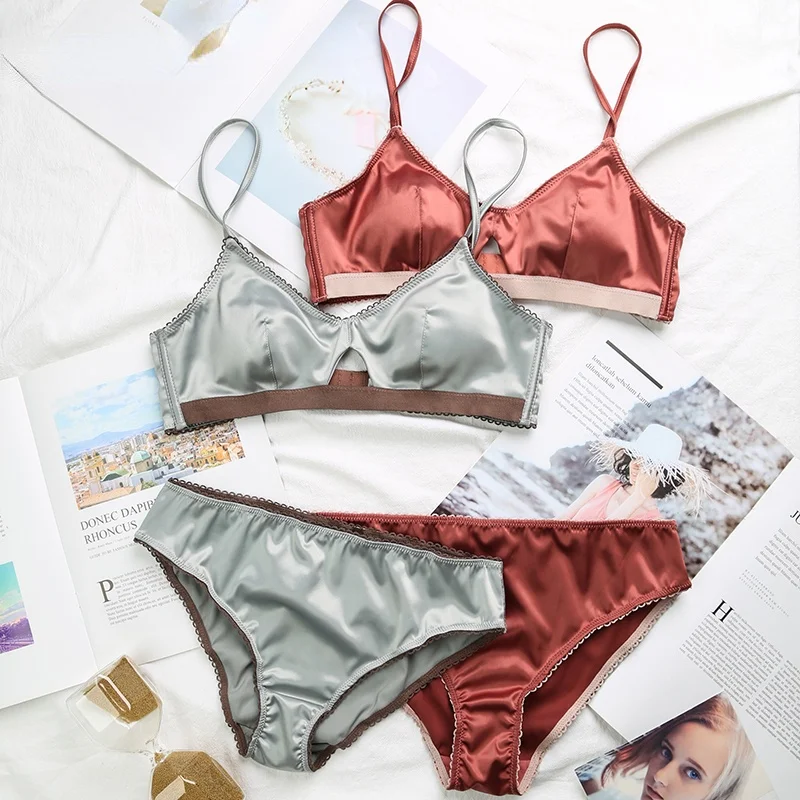 

New Women Underwear Wire Free satin bra thin 3/4 cups Bra and Panty Set Hollow Lingerie Women Brassiere Bralette