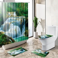 3d waterfall scenery waterproof shower curtain bathroom forest tree flower landscape bath mat set base carpet cover toilet lid