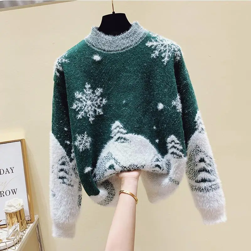 

EBAIHUI Woman Sweaters Christmas Print O Neck Pullover Flocking Knitting Loose Thicken Warm Winter Clothes Women Festival Jumper