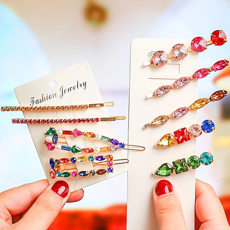 

2020 New 1 Pcs Korea Shiny Crystal Hairpins Geometric Waterdrop Rectangle Colorful Rhinestones Hair Clips Girls Hair Accessories