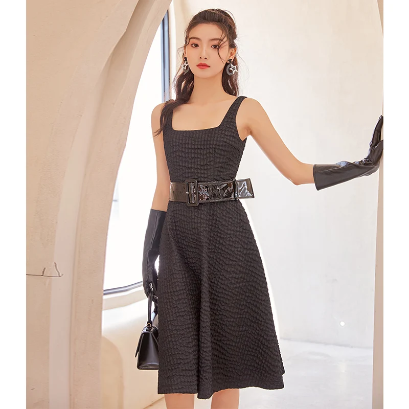 YIGELILA Vintage Women Black Dress Elegant Sleeveless Tank Dress Solid Empire Slim A-line Dress Knee-length 66304