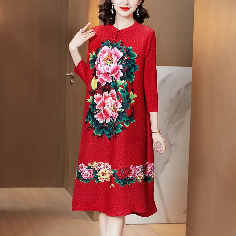 Women Dress Chinese Style Retro Cheongsam Plexue Dress Spring New 2023 High-end Loose Thin A-single Long Sleeve O Neck Dress
