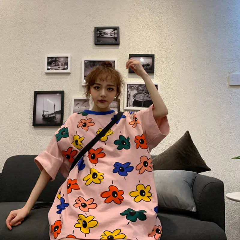 

2020 Flowers Print Tshirt Streetwear Female Summer Loose Japan T-shirt Women Casual Cool Women Half Sleeve Tops Tee Shirts Girls